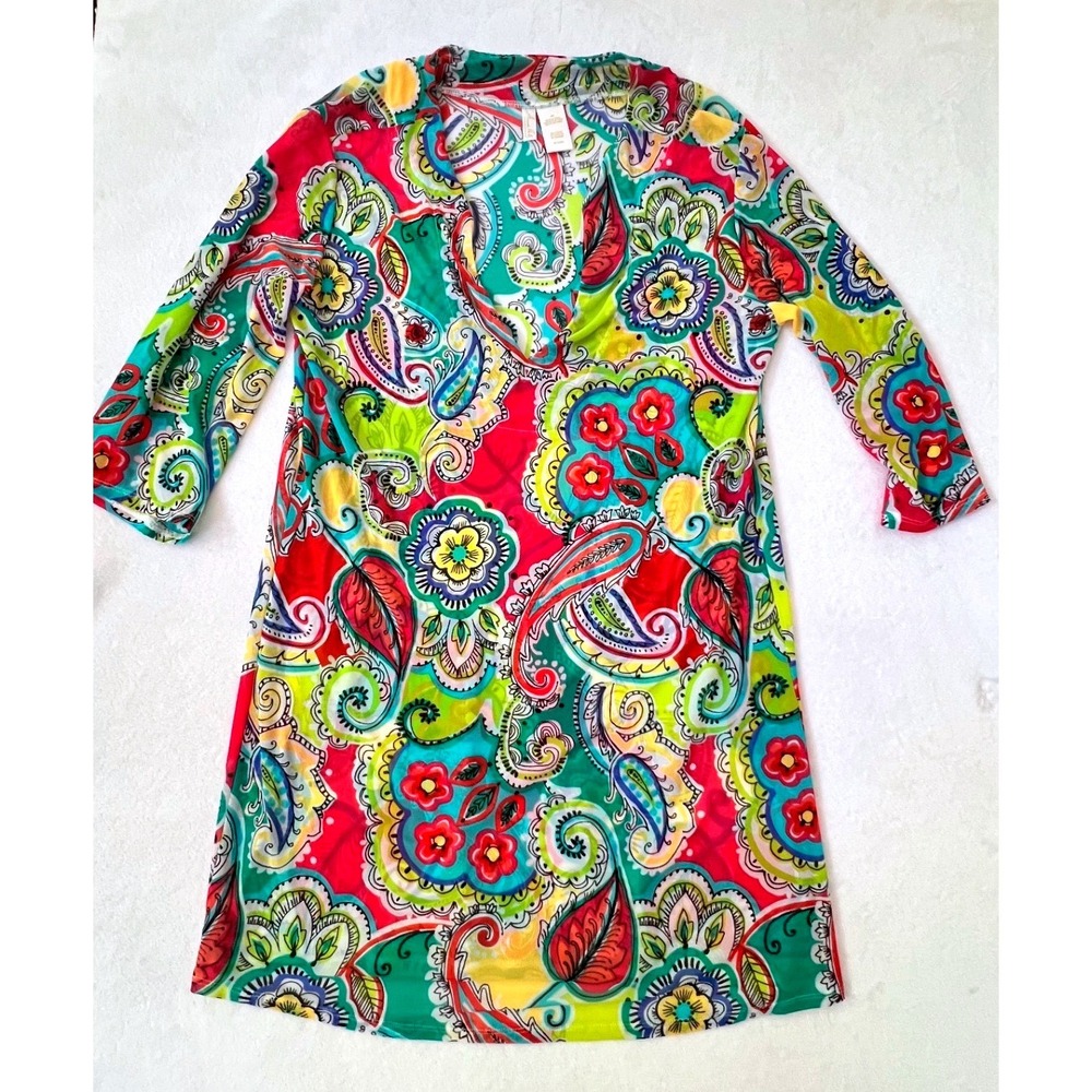 Anne Cole Signature Swim Cover Up Multicolor Paisley Mesh V-Neck S/M